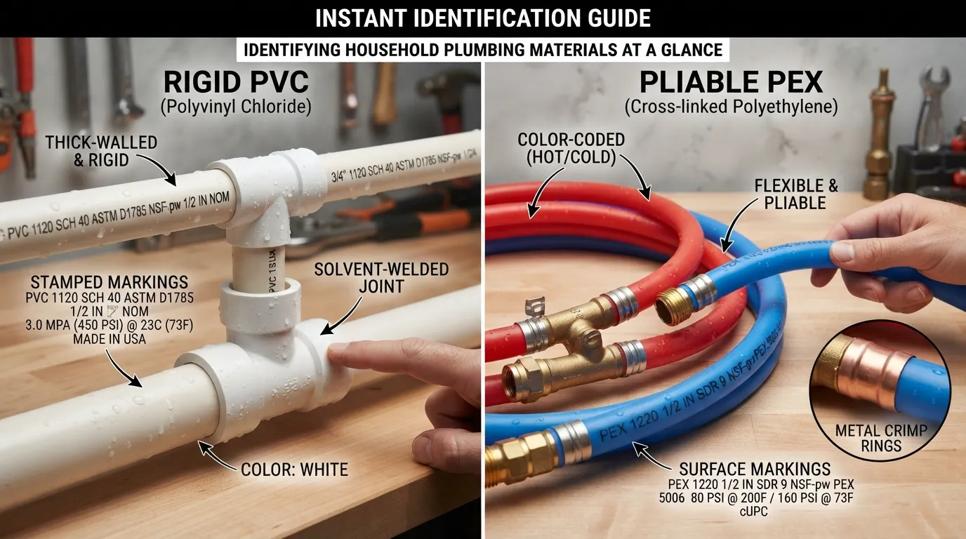 Side-by-side comparison of a cream-colored CPVC pipe and a gray plumbing pipe, highlighting visual differences to help identify an unfamiliar third pipe.