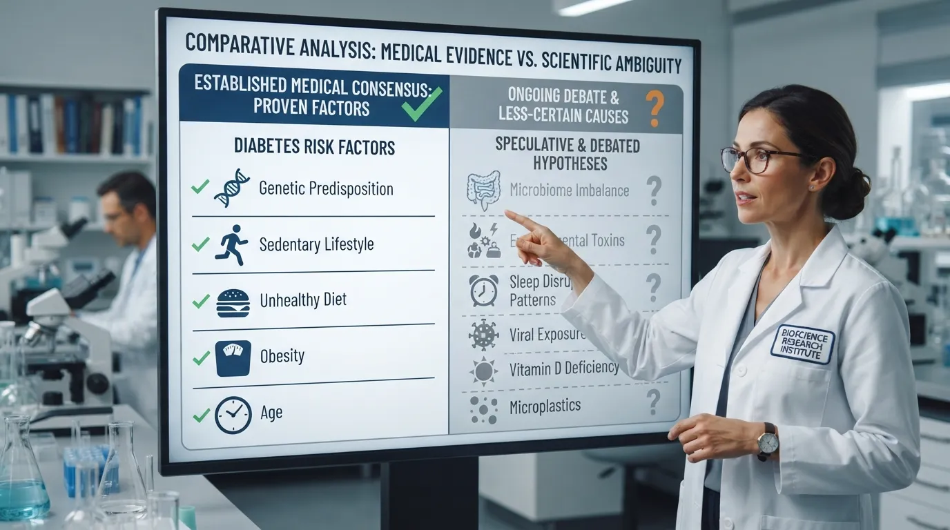 A medical researcher analyzing a research matrix chart comparing scientifically proven health factors against debated or unproven causes, highlighting uncertain medical theories.