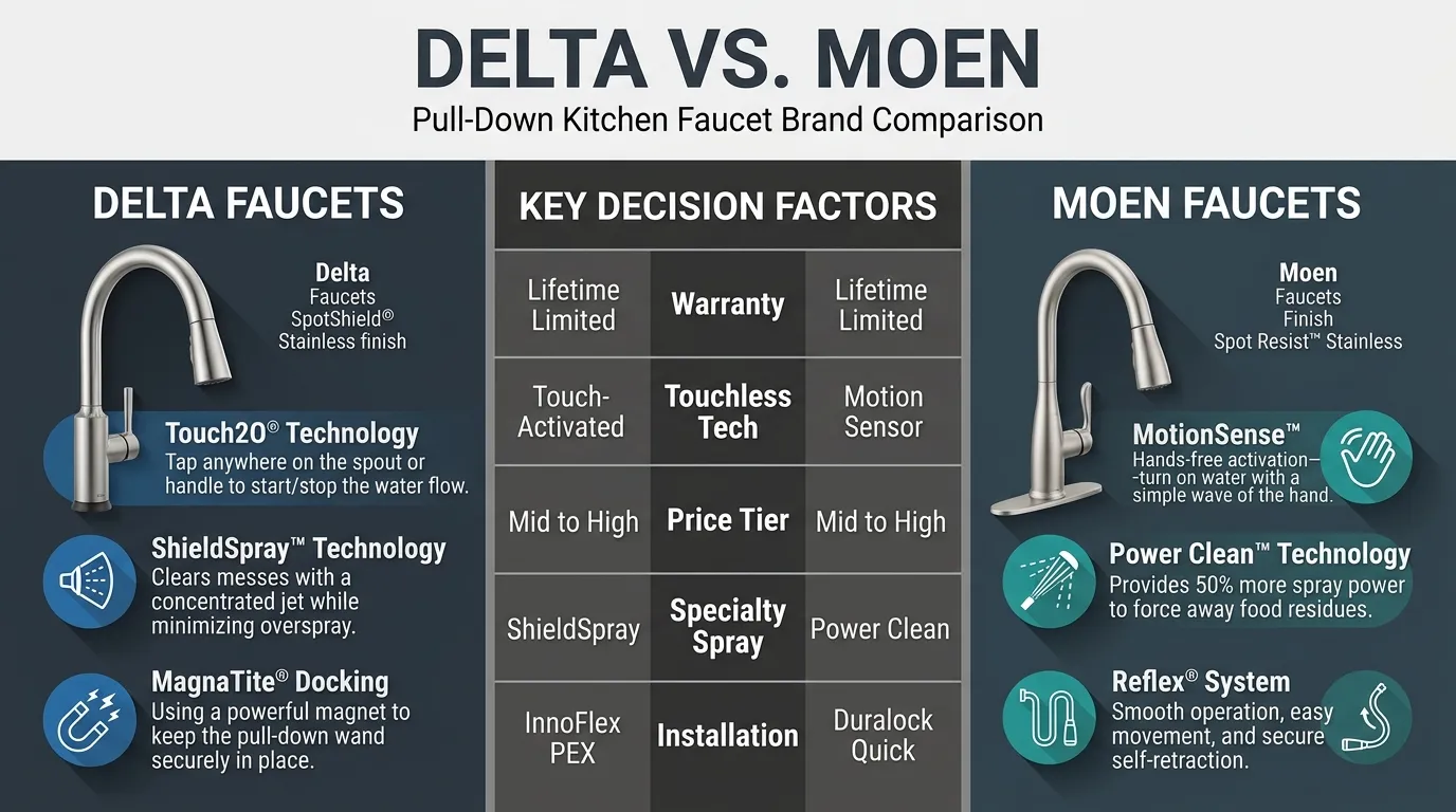 Side-by-side comparison of a Delta kitchen faucet and a Moen kitchen faucet highlighting design and finish differences.