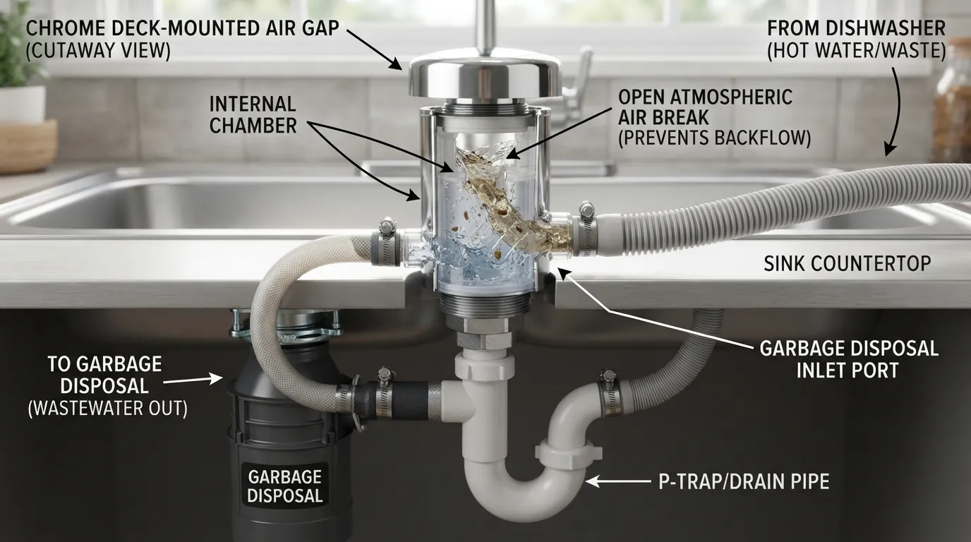 Cross-section diagram showing a dishwasher air gap mounted on a kitchen sink countertop with inlet and outlet drain hoses.