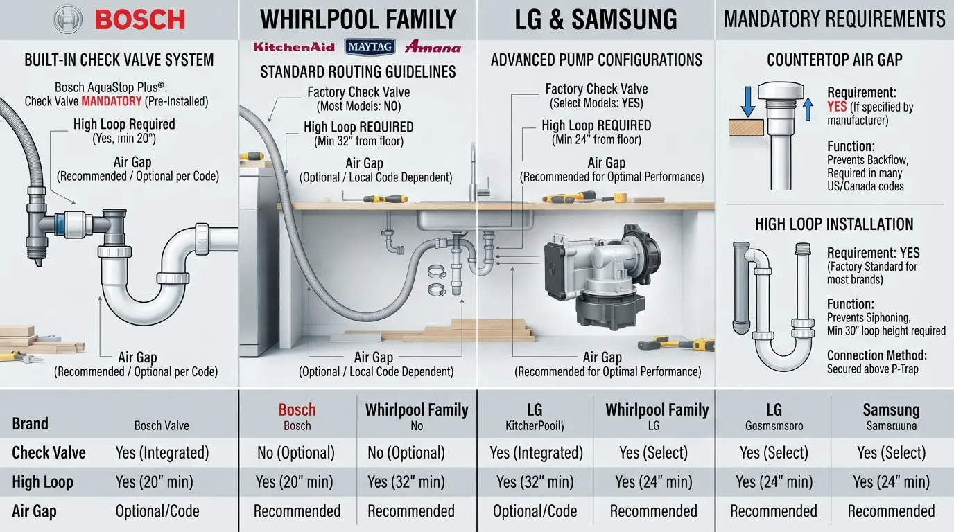 Comparison chart showing drain hose setups and check valve requirements for Bosch, Whirlpool, LG, and Samsung dishwashers under kitchen sinks.
