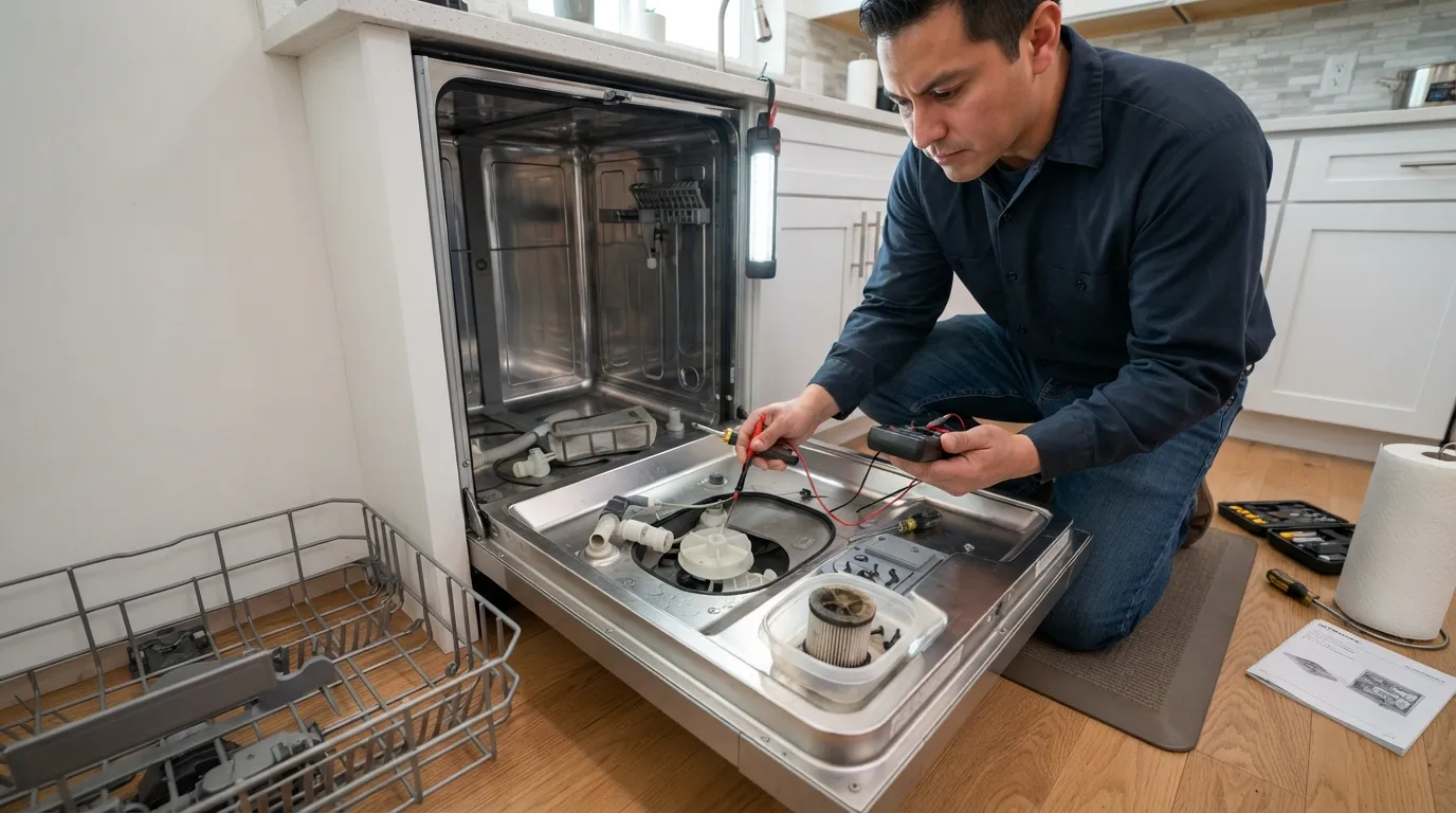 A homeowner examining the bottom interior and filter of an open dishwasher with a basic toolkit nearby, deciding whether to fix it themselves.