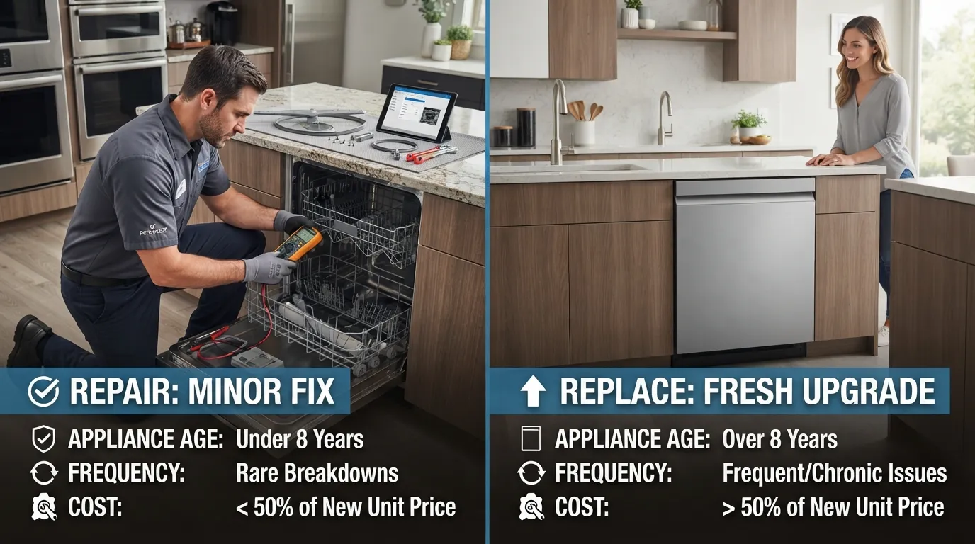 A side-by-side comparison of a broken dishwasher being repaired with tools versus a modern new dishwasher installation in a kitchen.
