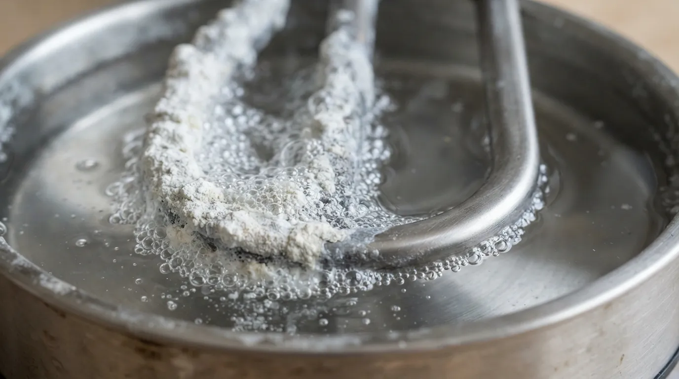 A close-up view of a descaling process using white vinegar to dissolve heavy mineral sediment buildup inside a household appliance component.