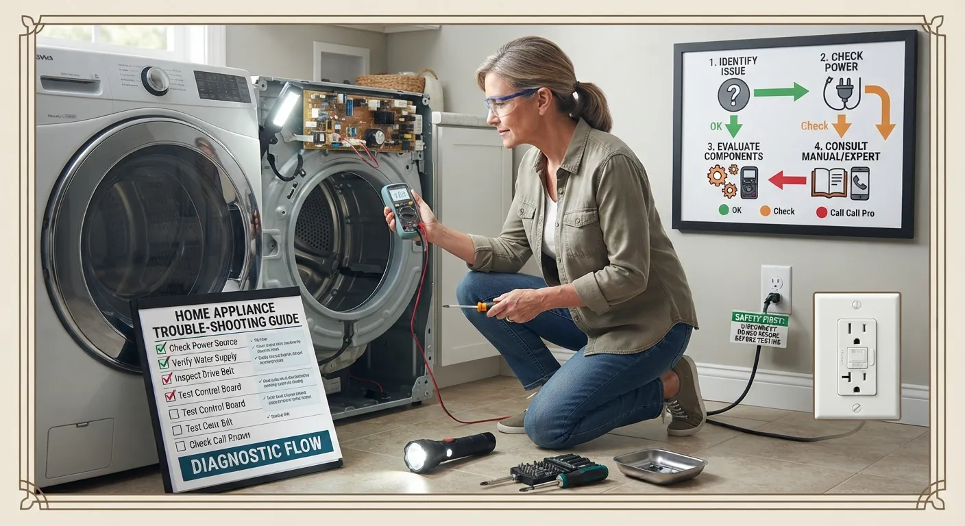 A person inspecting a home appliance with a checklist and basic toolkit to perform preliminary troubleshooting before hiring a professional service.