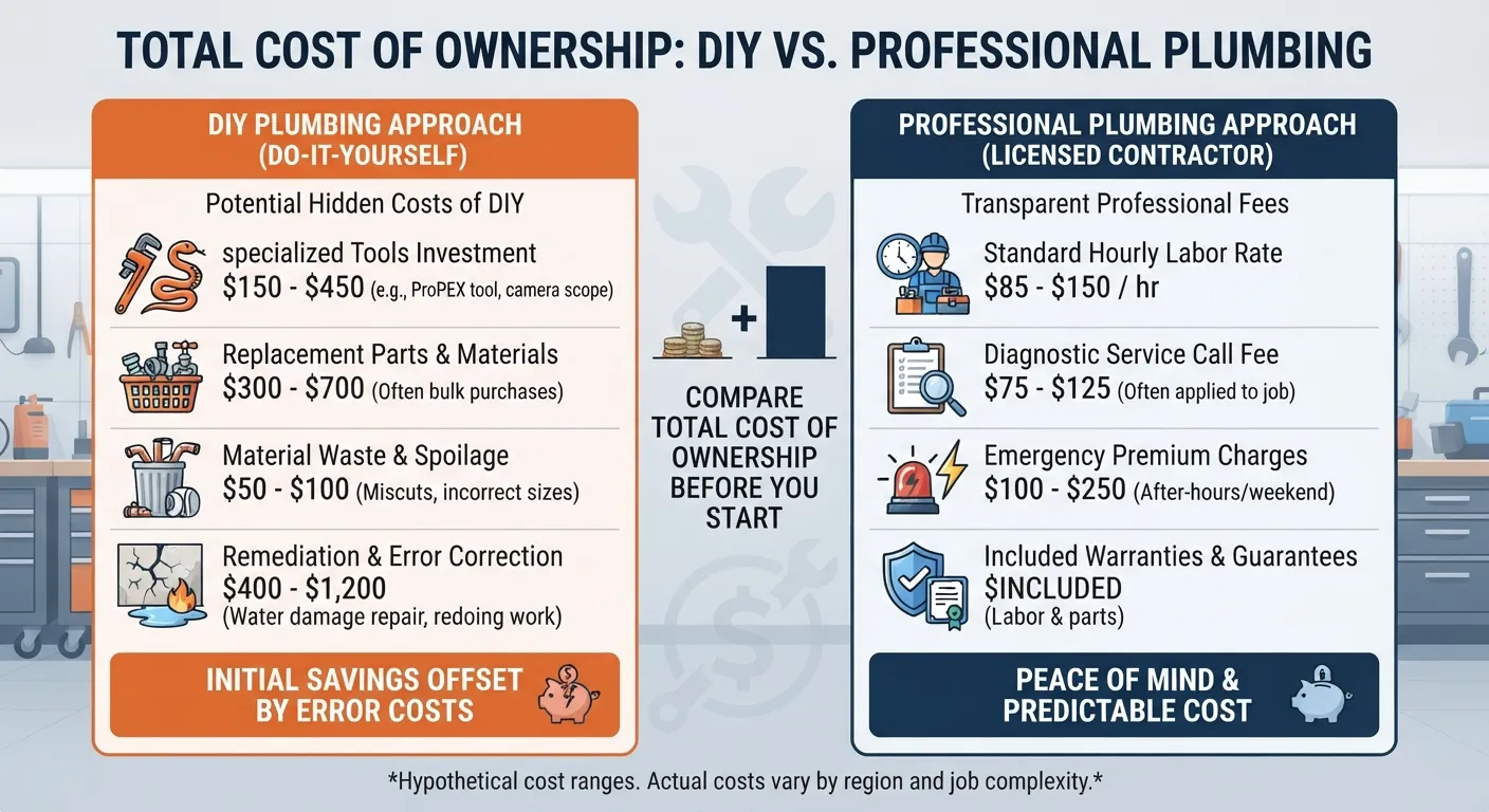 Infographic comparing the average costs of DIY plumbing tools and materials against professional plumber service fees and hourly rates.