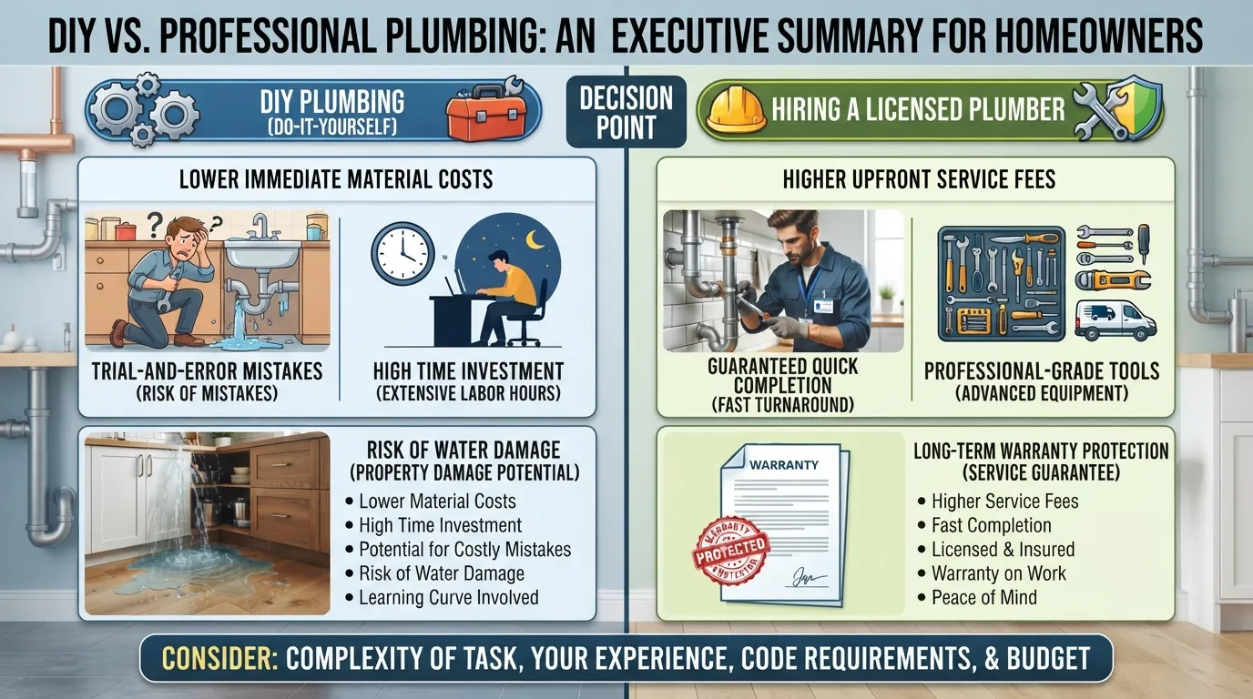 Comparison chart outlining the cost, time investment, and risk factors between DIY plumbing repairs and hiring a professional plumber.