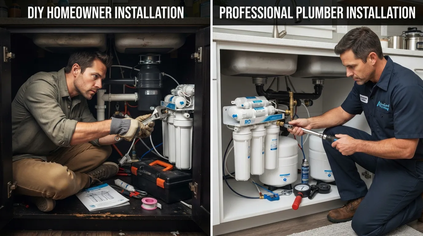Side-by-side comparison showing a homeowner using basic tools to install an under-sink reverse osmosis water filter system versus a professional plumber handling complex plumbing connections.