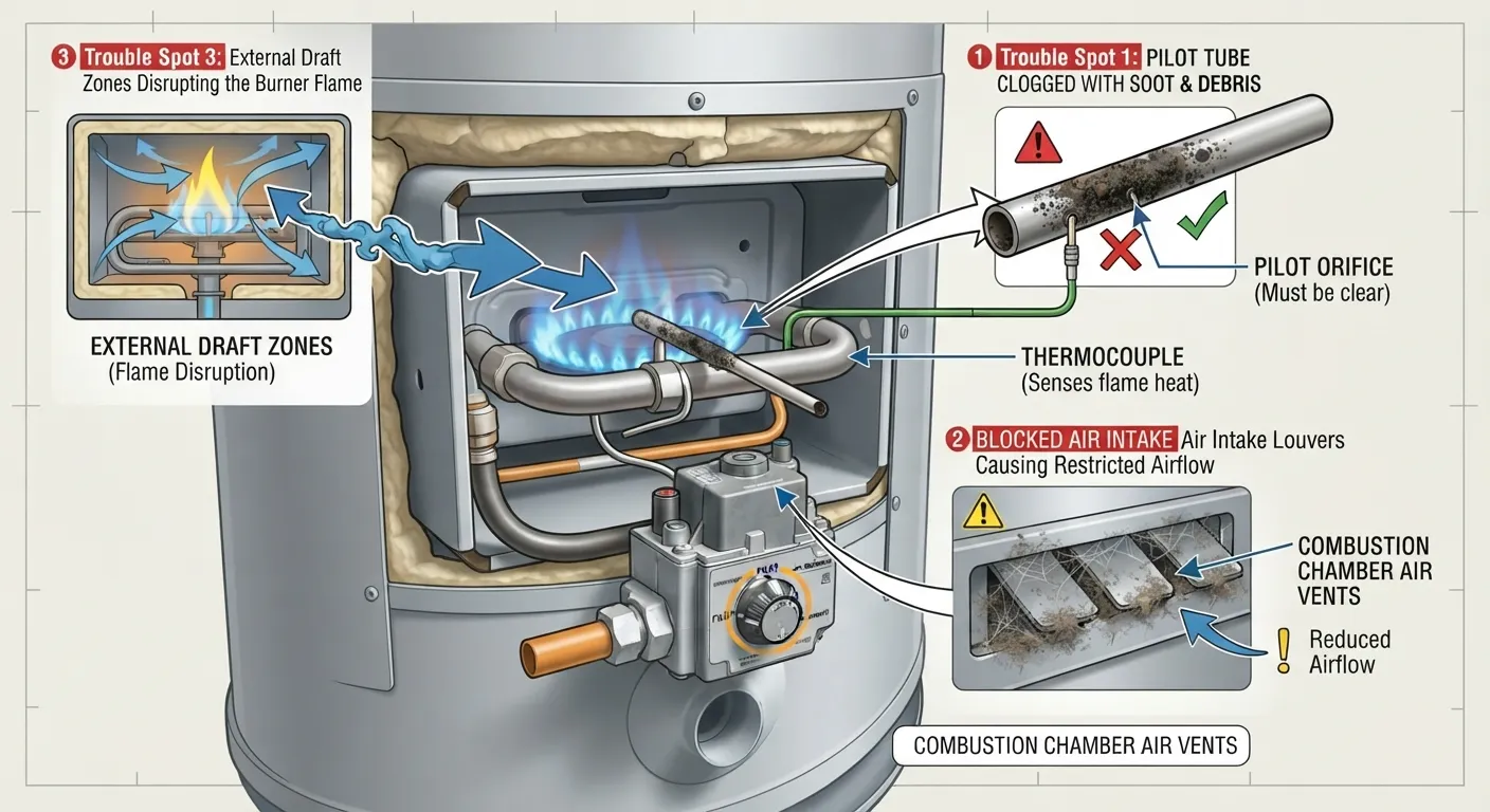 Close-up view of a gas water heater burner assembly showing a clogged pilot tube and airflow obstruction areas responsible for poor drafts.
