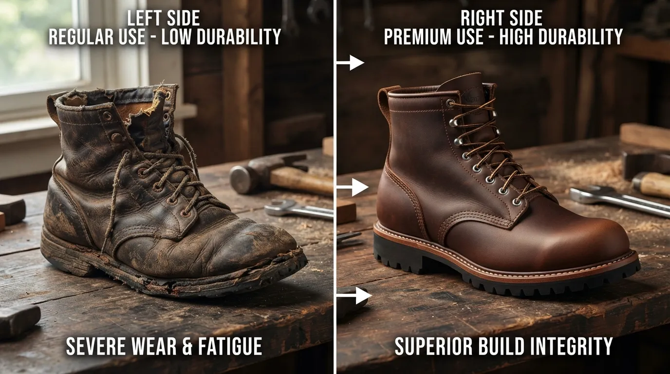 Side-by-side comparison of a heavily worn, low-durability product showing structural degradation next to a pristine, high-durability item designed for long-term use.