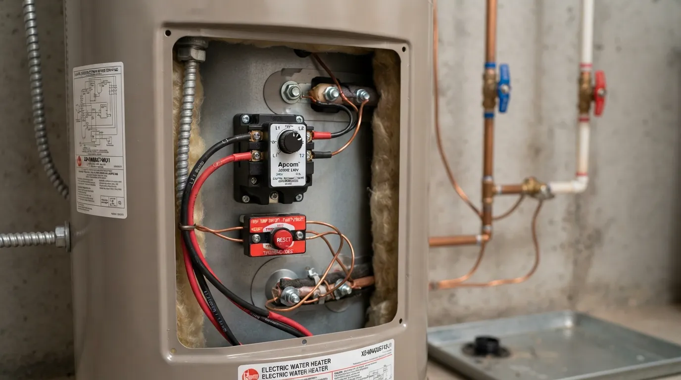 Close-up view of an electric water heater control box showing thermostat dials and circuit reset buttons, highlighting the complete absence of a gas pilot light.