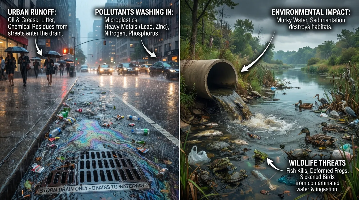 A polluted urban stormwater runoff flowing into a natural river, threatening nearby wildlife, fish, and aquatic ecosystems.