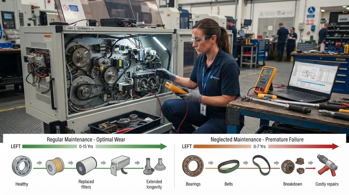 A service technician performing routine preventive maintenance on equipment to extend its operational lifespan.