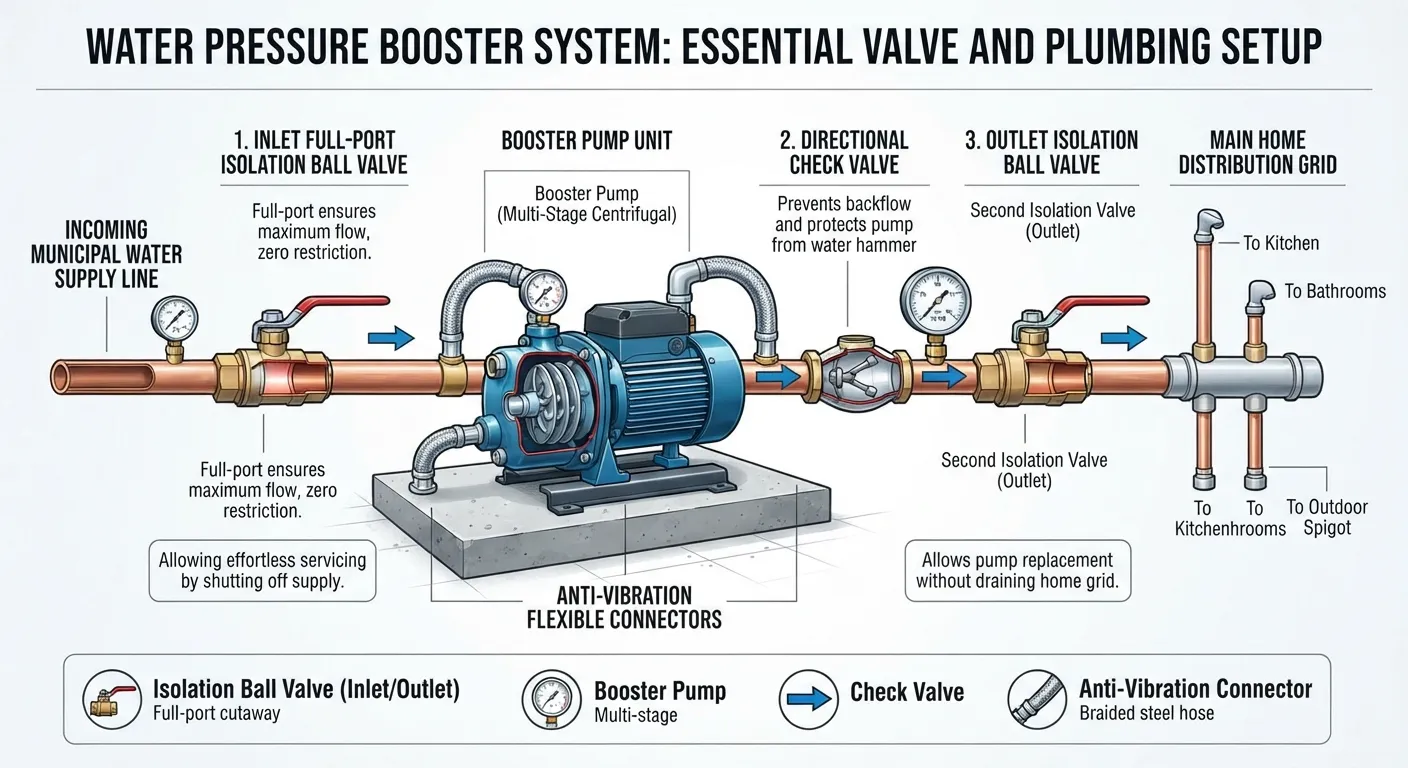 Diagram showing the correct placement of isolation ball valves and a check valve on the inlet and outlet pipes of a water pressure booster pump system.