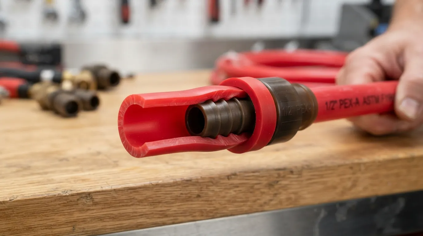 Close-up photo of an expansion PEX-A fitting inserted into a PEX-A pipe with an expansion ring slid over the joint, ready for the piping to shrink back down.