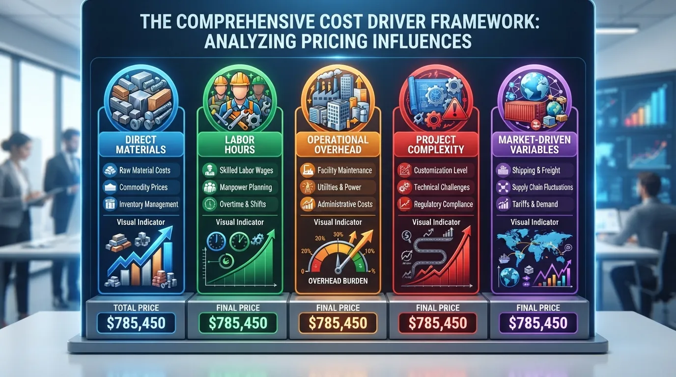 A detailed infographic or chart breaking down the primary financial and operational factors that impact total costs, including labor, materials, and overhead.