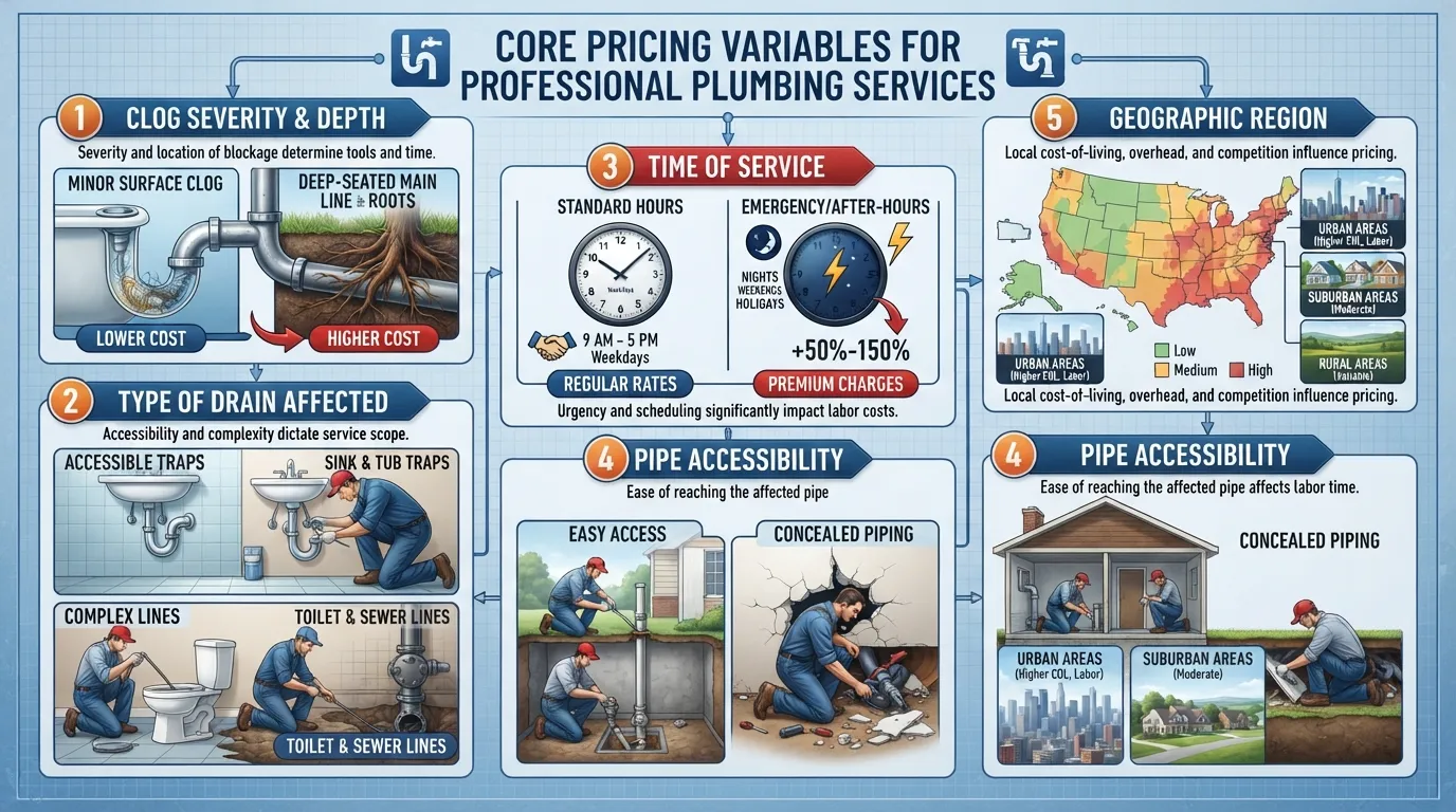 Infographic chart outlining key factors affecting drain unclogging costs, including clog severity, pipe accessibility, fixture type, emergency service hours, and geographic location.