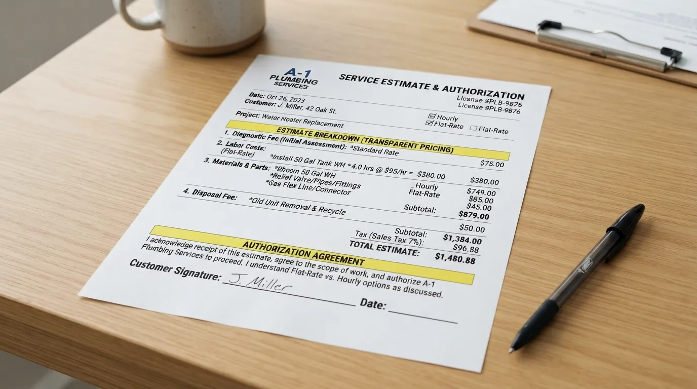 A homeowner reviewing a transparent plumbing repair quote and itemized cost breakdown on a clipboard to avoid overcharging.