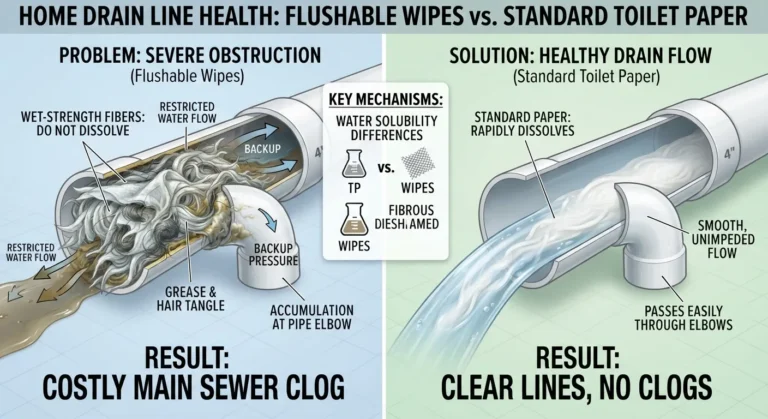 Cutaway view of a residential plumbing pipe choked with non-disintegrated flushable wipes alongside a clean pipe.