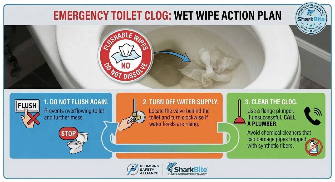 Step-by-step emergency guide showing a toilet plunger, water shut-off valve, and a warning symbol for a flushed wipe blockage.
