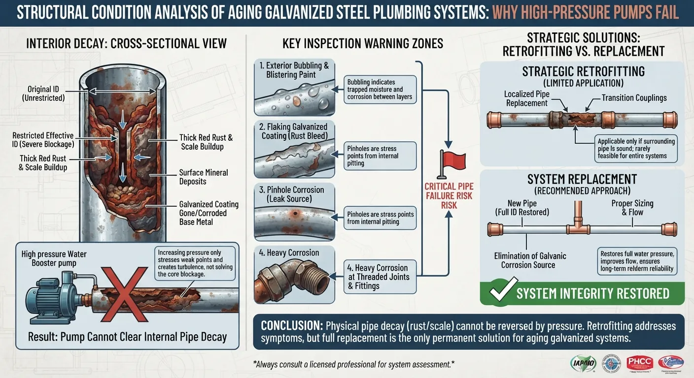 Cutaway view of old galvanized steel water pipes showing severe internal rust scaling and mineral buildup next to a water pressure booster setup.