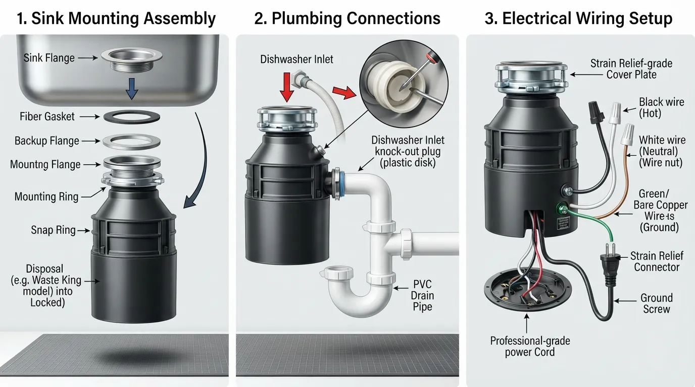 Step-by-step visual diagram illustrating how to connect a garbage disposal to the kitchen sink plumbing, electrical wiring, and dishwasher drain line.