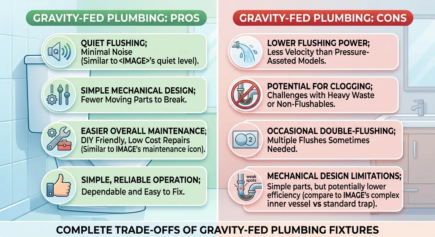 Side-by-side comparison infographic highlighting the advantages and disadvantages of gravity toilets, including water flow, noise level, and maintenance.