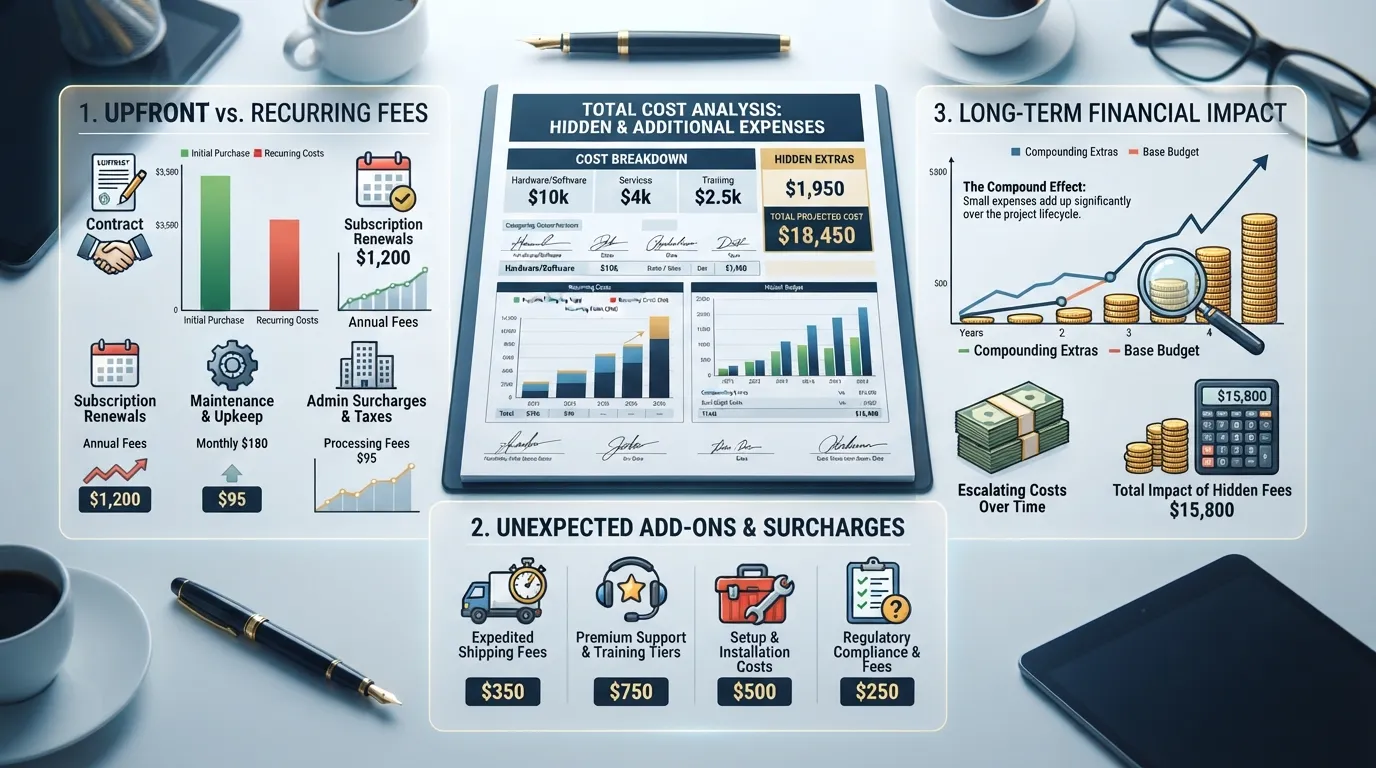 A detailed financial breakdown chart and calculator displaying hidden and additional cost factors, such as unexpected fees, service charges, and long-term expenses.