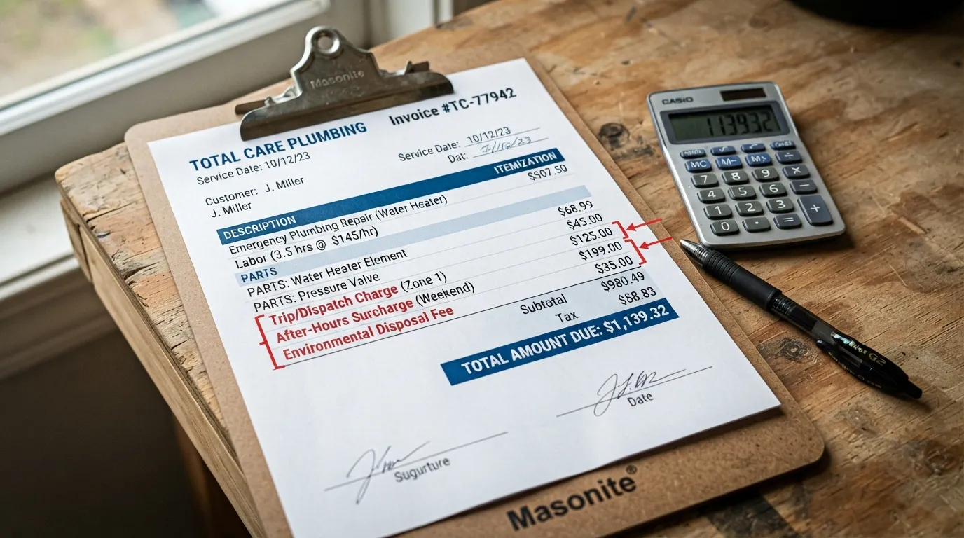 Detailed invoice breakdown showing hidden service fees and trip charges for a professional home plumbing repair.