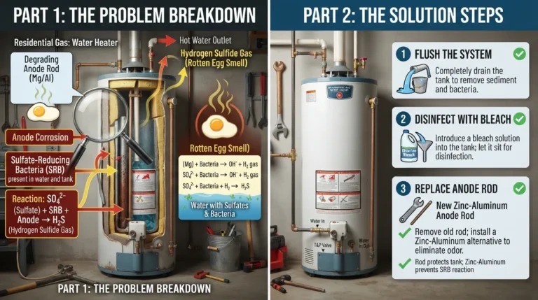 A plumber inspecting a residential water heater system to diagnose and fix the rotten egg smell caused by sulfur bacteria or a faulty anode rod.