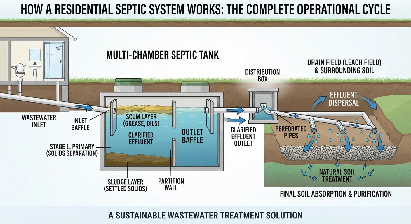 Detailed diagram showing how a residential septic system works, including the septic tank, drain field, and underground soil treatment process.