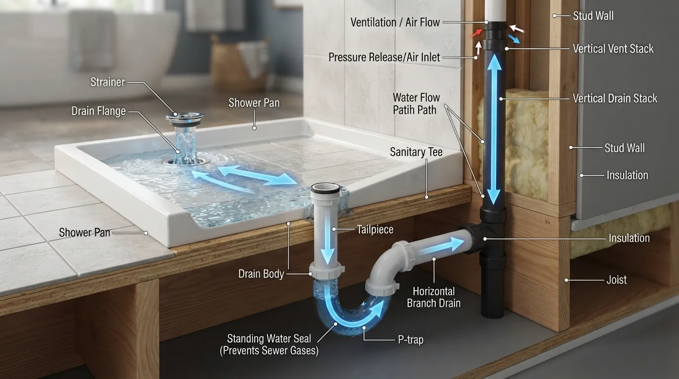 Cross-section diagram illustrating how a shower drain system works, showing water flowing from the shower pan through the P-trap and into the main plumbing vent and sewer line.