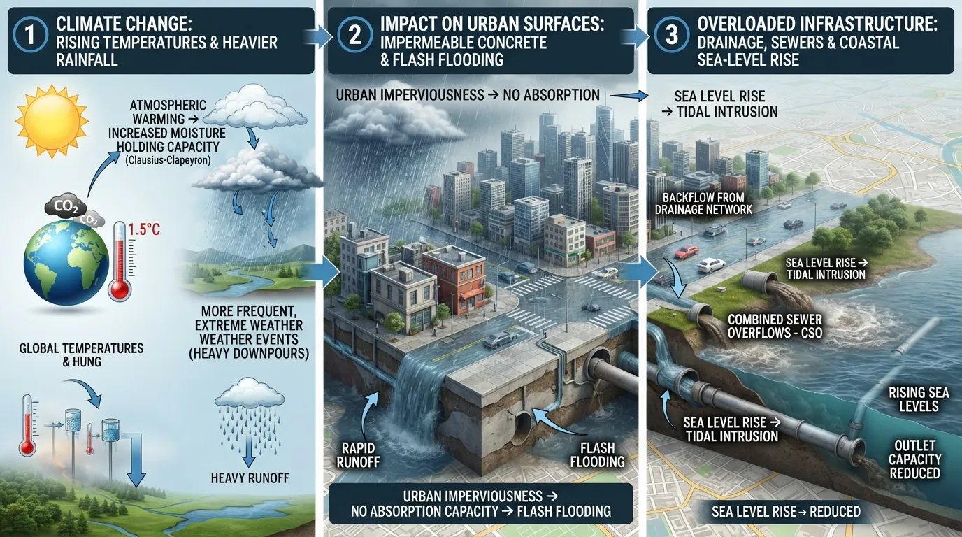 Infographic illustrating how climate change intensifies stormwater challenges through rising sea levels, heavier rainfall, and overwhelmed urban drainage systems.