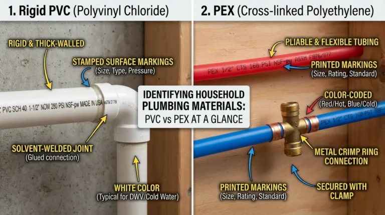 Side-by-side visual comparison of rigid white PVC plumbing pipes and flexible red and blue PEX water supply lines for home identification