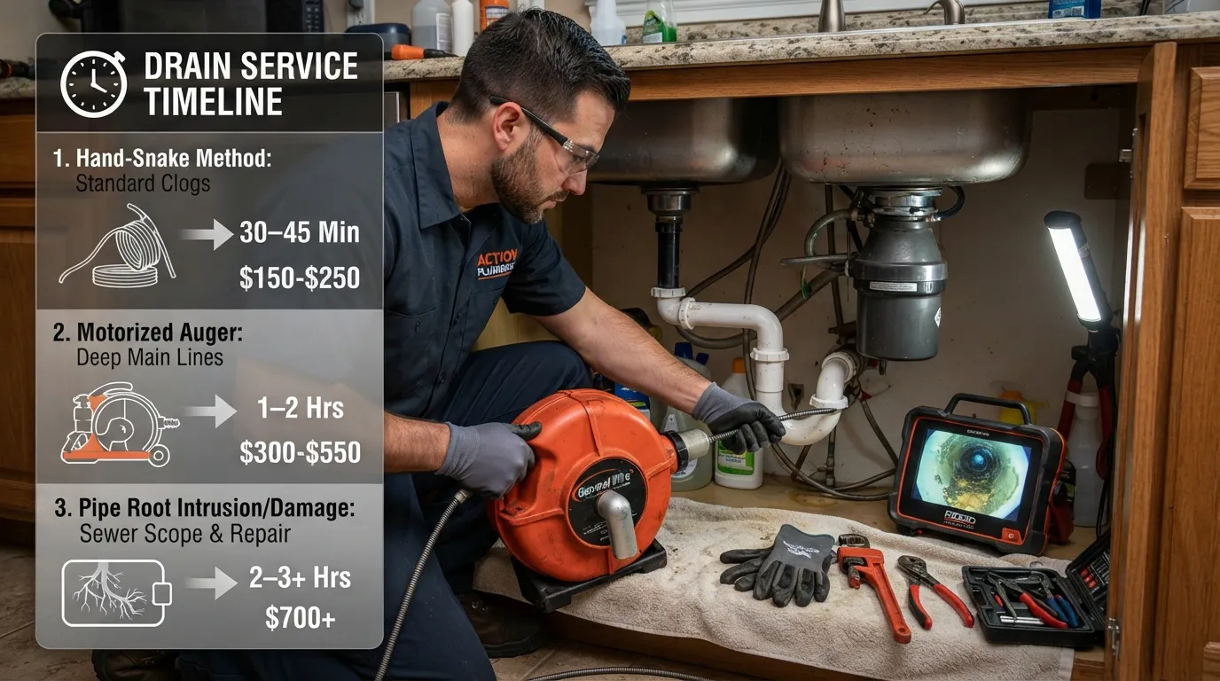A professional plumber using a motorized drain snake to clear a severe kitchen sink blockage, showing the timeline of the unclogging process.