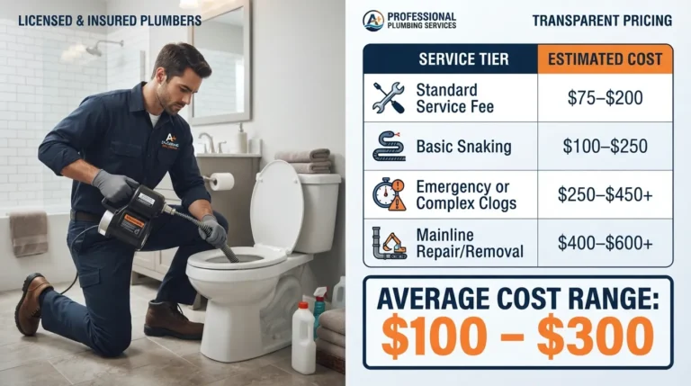 Infographic displaying a professional plumber clearing a toilet drain alongside an itemized pricing breakdown table ranging from $100 to $300 for standard residential services.
