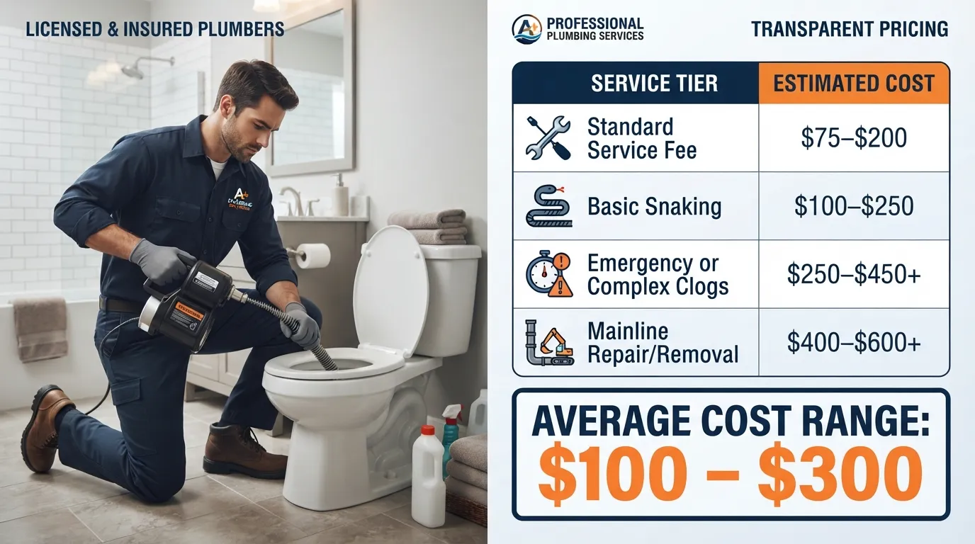Infographic displaying a professional plumber clearing a toilet drain alongside an itemized pricing breakdown table ranging from $100 to $300 for standard residential services.