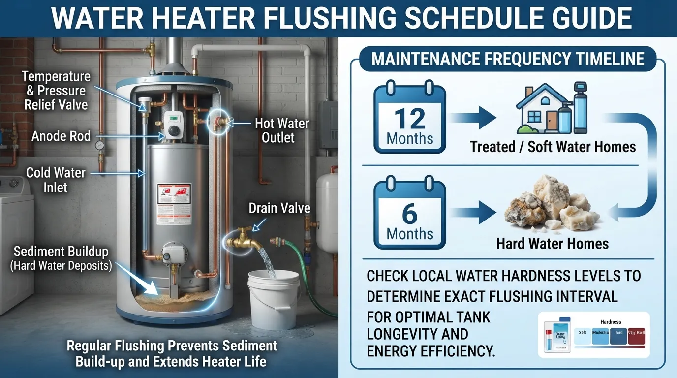 Infographic schedule showing that standard water heaters should be flushed once a year, or every six months in areas with hard water.