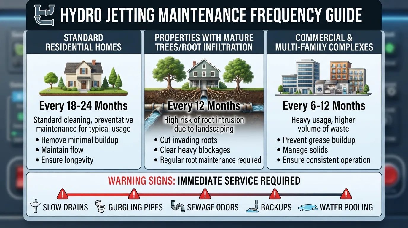 Infographic chart outlining the recommended timeline for hydro jetting a residential sewer line based on property age and usage.