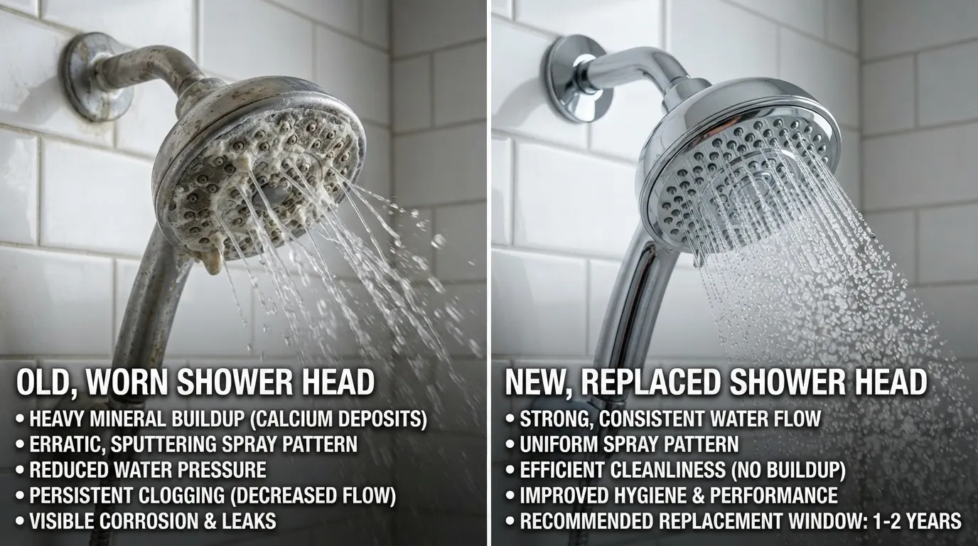An infographic and visual guide comparing old clogged shower heads with mineral buildup next to a shiny new replacement shower head.