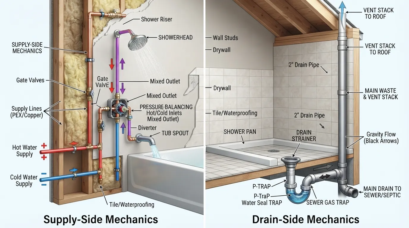 Cross-section diagram illustrating shower plumbing layout, comparing the pressurized supply side (hot and water lines) to the gravity-fed drain side (trap and waste pipe).