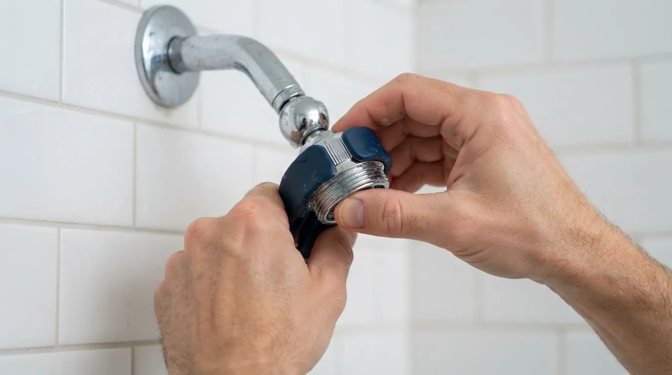 Close-up of hands unscrewing a modern shower head by hand from a shower arm in a tiled bathroom.