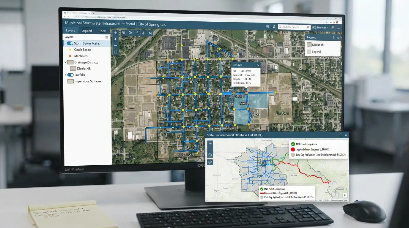 Screenshot of a municipal online GIS map and state drainage database showing local storm sewer system infrastructure and drainage networks.