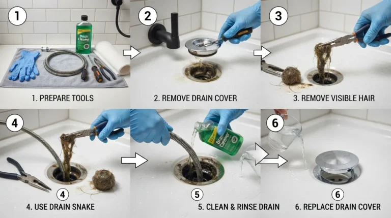 Close-up view of a person using a tool to remove hair and debris from a dirty shower drain during a step-by-step cleaning process.