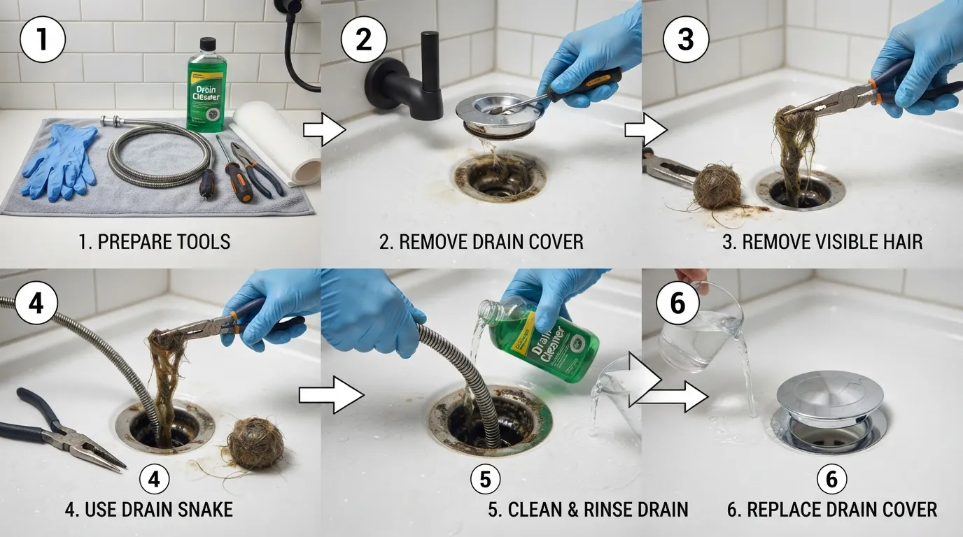 Close-up view of a person using a tool to remove hair and debris from a dirty shower drain during a step-by-step cleaning process.