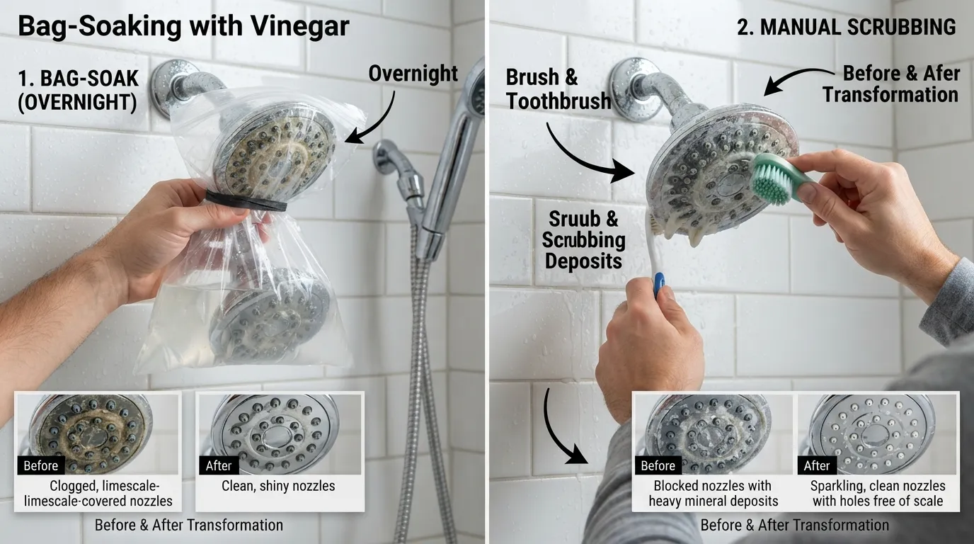 Close-up view showing two easy methods to clean a shower head, featuring vinegar soaking in a bag and scrubbing for a sparkling shine.