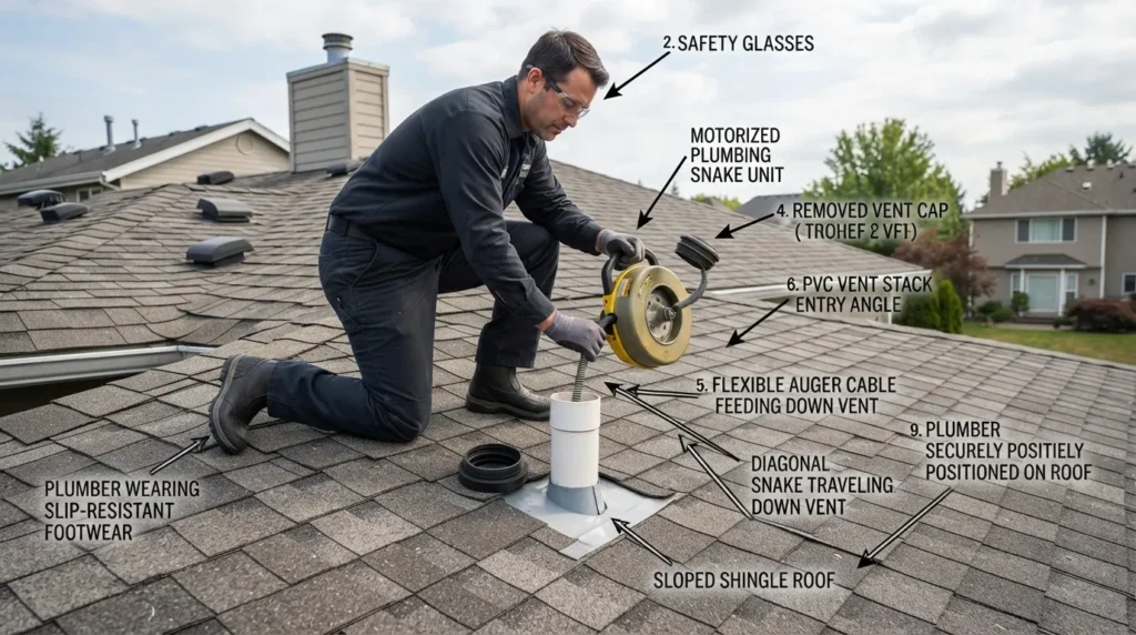 Cross-section diagram illustrating a DIY plumbing vent clearing process using a roof snake and safety gear on a residential roof.