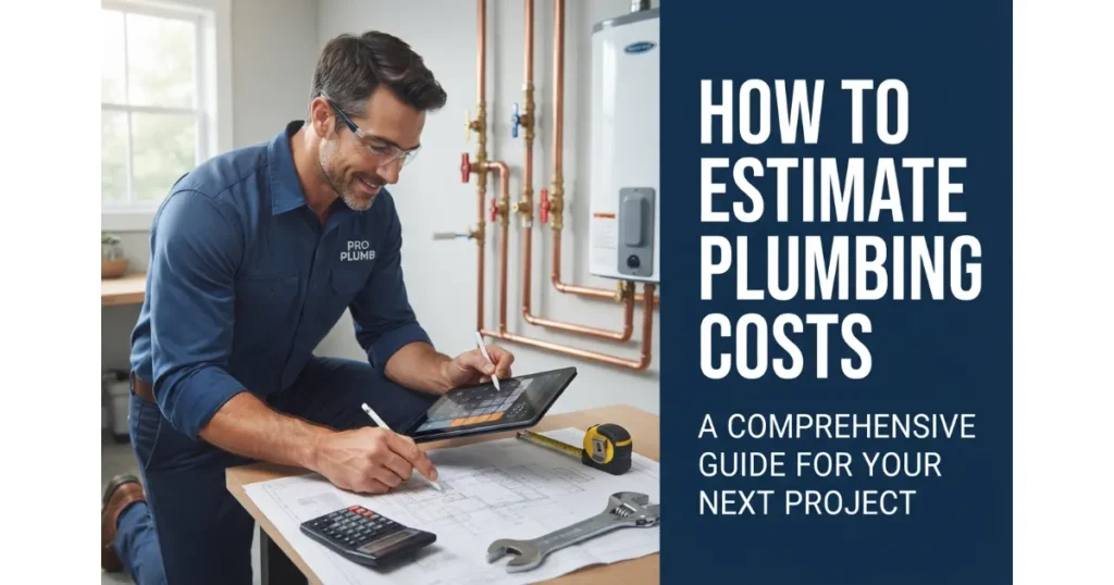 A professional plumber calculating plumbing project estimates using a tablet, calculator, and blueprints.