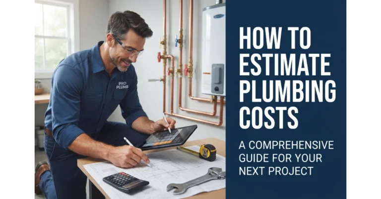 A professional plumber calculating plumbing project estimates using a tablet, calculator, and blueprints.