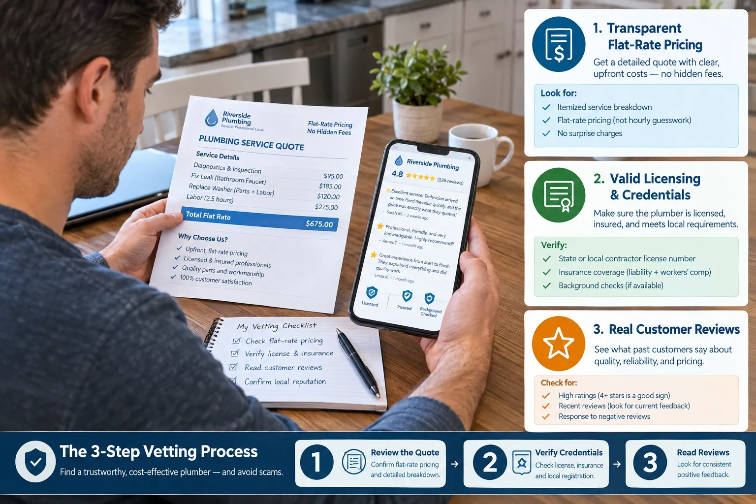 A homeowner reviewing a verified local plumber's transparent cost estimate and licensing credentials before hiring.